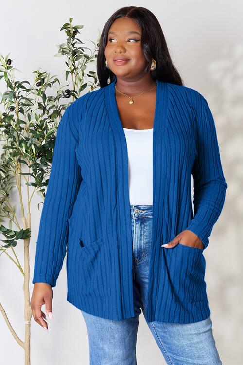 Basic Bae Full Size Ribbed Open Front Cardigan with Pockets Trendsi